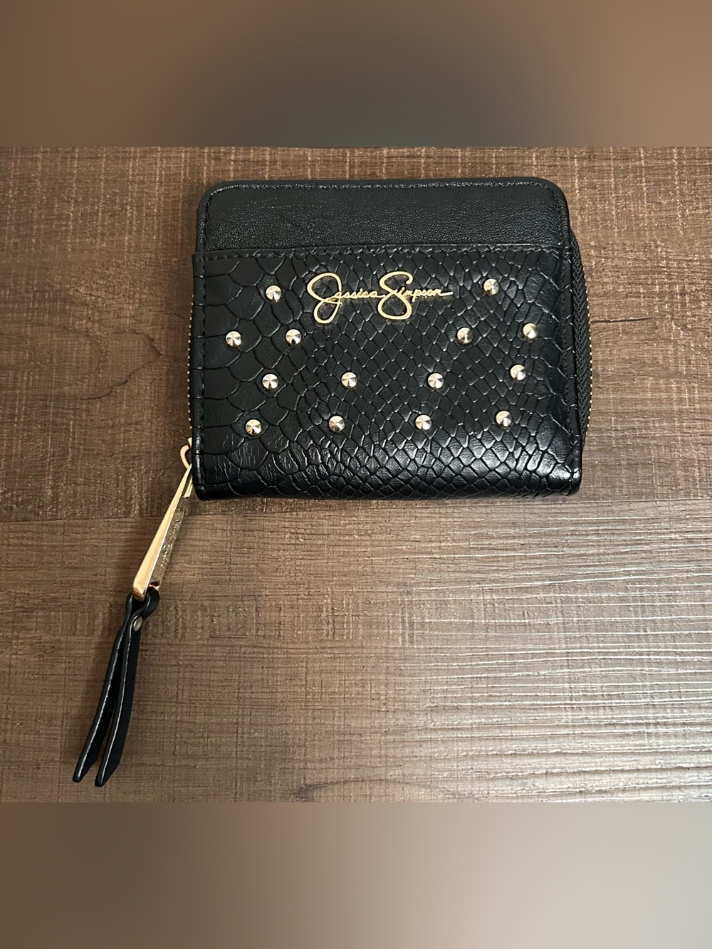 Jessica Simpson Women's Small Wallet, Black And Gold, Snap & Zip Around NEW